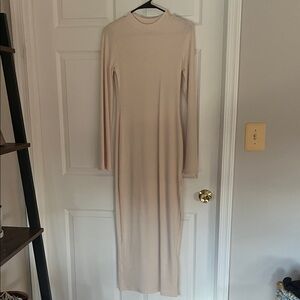 Neutral/Cream Long Sleeve Dress with Slit